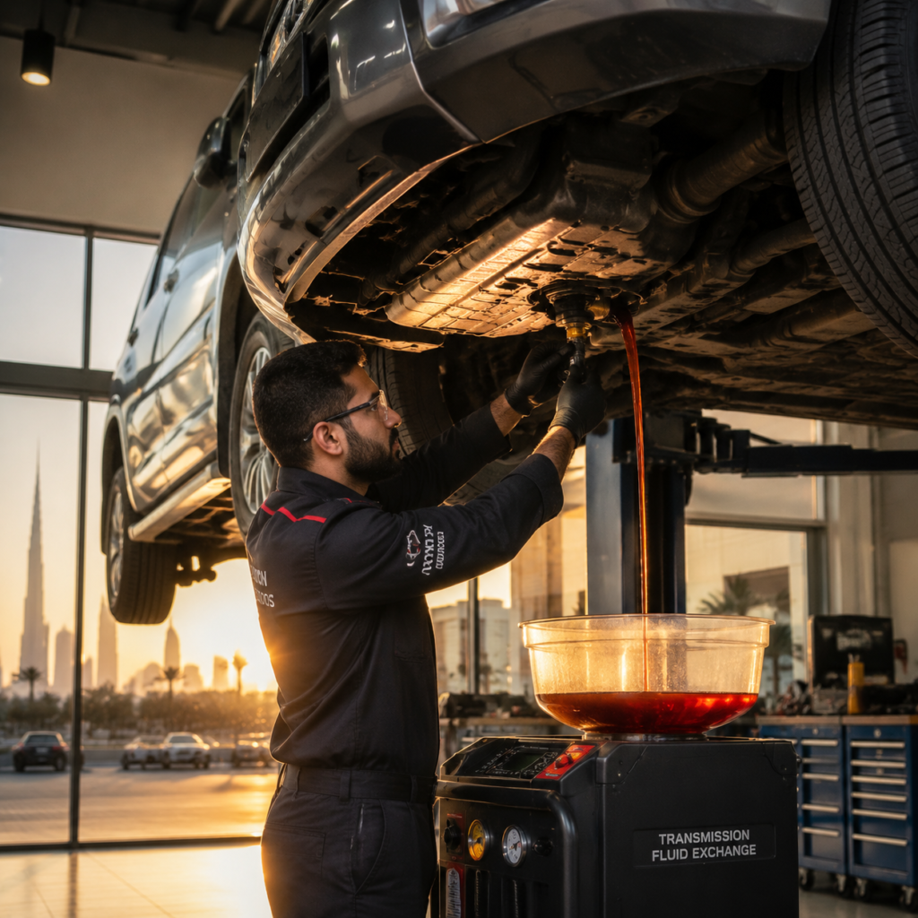 Transmission Fluid Change UAE – From AED 300 | Best ATF for 50°C Heat 2026